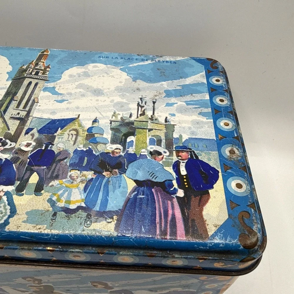 Old French Metal Tin Sur La Place De Pleyben Vibrant Colors 7x5